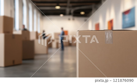 Room filled with partially unpacked moving boxes, creating sense of transition and change. atmosphere is busy yet calm, reflecting process of settling in Room filled with partially unpacked moving boxes, creating sense of transition and change. atmosphere is busy yet calm, reflecting process of settling in 121876090