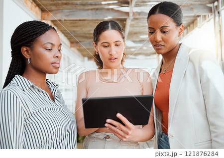 Collaboration, teamwork and working team with a tablet looking at digital data together. Group of female business office workers thinking and reading online web information planning a project outside 121876284