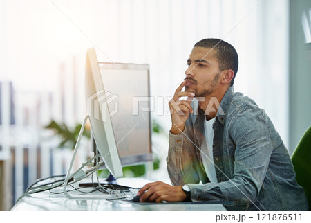 Business man, thinking and reading on computer for project, internship and web research in copywriting. Writer, editor or worker on desktop for editing choice, decision and planning ideas at startup 121876511