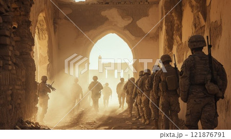 Group of modern military soldiers on mission. Special army unit with rifles and machine guns 121876791