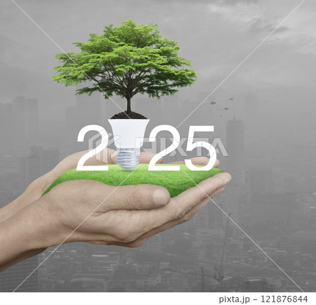 Happy new year 2025 green ecology and saving energy concept 121876844