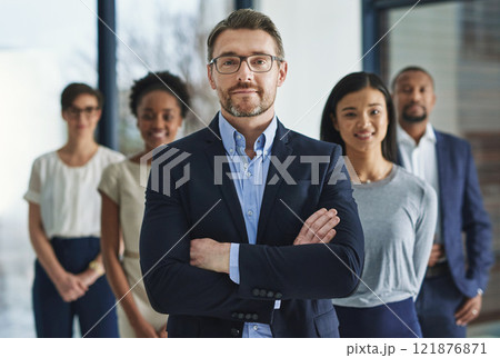 Team of smart and successful business people, leader or manager looking happy, satisfied or confident with their job, career and business. Face portrait of smart or ambitious corporate men and women 121876871