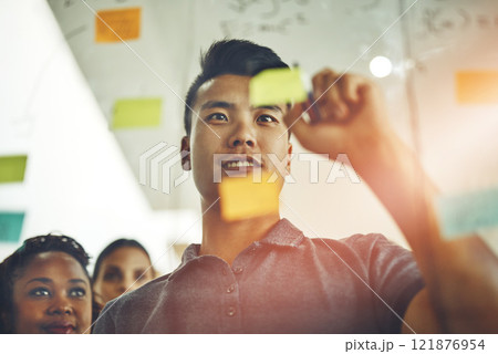 A marketing professional brainstorming ideas with colleagues, writing on transparent board with sticky notes during meeting. Young, Asian entrepreneur discussing a work project schedule or timeline. 121876954