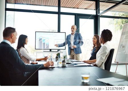 Businesspeople attending a presentation in the boardroom about growth, innovation and development with graphs in a boardroom. Mature man showing great leadership while talking about company vision Businesspeople attending a presentation in the boardroom about growth, innovation and development with graphs in a boardroom. Mature man showing great leadership while talking about company vision 121876967