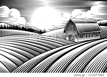 Farm Barn And Rolling Hills Vintage Woodcut Style 121877062