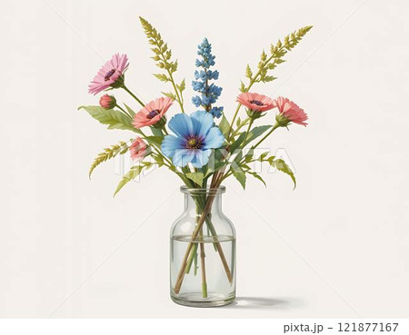 アンティーク風植物画 ガラスの花瓶に挿した青いアネモネとデルフィニウム アンティーク風植物画 ガラスの花瓶に挿した青いアネモネとデルフィニウム 121877167