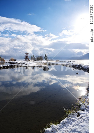 初冬の洞爺湖 浮見堂公園の湖畔から浮見堂を望む 初冬の洞爺湖 浮見堂公園の湖畔から浮見堂を望む 121877339