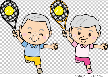 Smiling elderly men and women enjoying tennis Smiling elderly men and women enjoying tennis 121877626