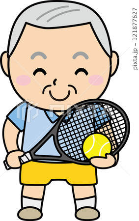 笑顔でテニスを楽しむ高齢の男性 121877627