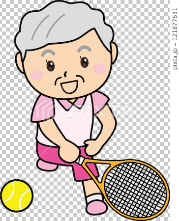 笑顔でテニスを楽しむ高齢の女性 121877631