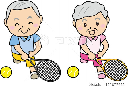 笑顔でテニスを楽しむ高齢の男性と女性 121877632