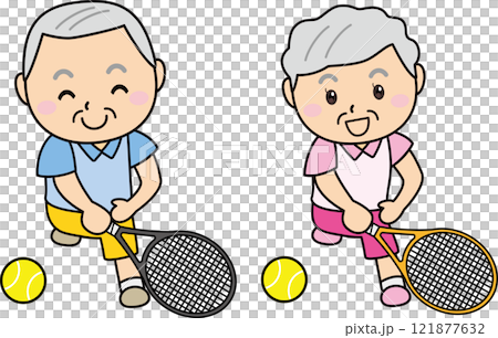 Smiling elderly men and women enjoying tennis Smiling elderly men and women enjoying tennis 121877632
