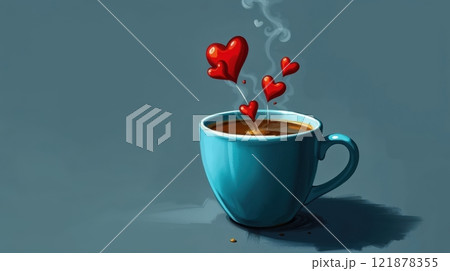 cup of coffee in a soft blue ceramic cup and 3d hearts 121878355