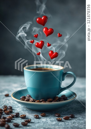 cup of coffee in a soft blue ceramic cup and 3d hearts 121878356