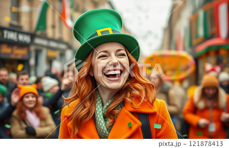 Red-hair women wearing a leprechaun hat celebrating St. Patrick's day at a parade in Ireland 121878413