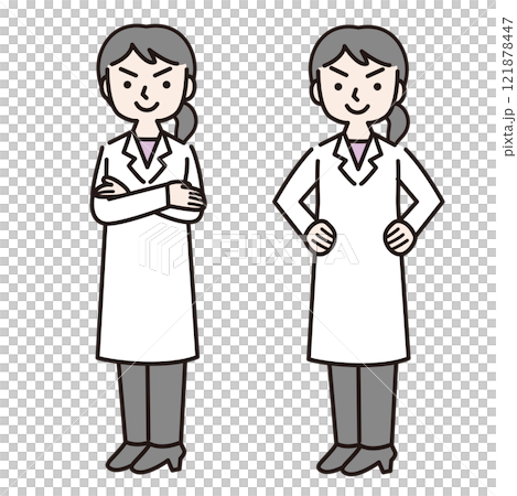 A confident woman in a white coat with her arms folded (whole body): Illustration material 121878447
