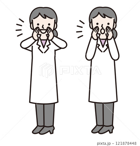 呼びかける白衣姿の女性（全身）：イラスト素材 121878448