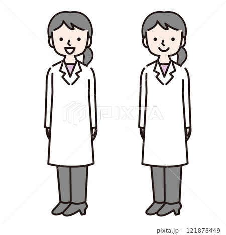 笑顔でまっすぐ立つ白衣姿の女性（全身）：イラスト素材 121878449