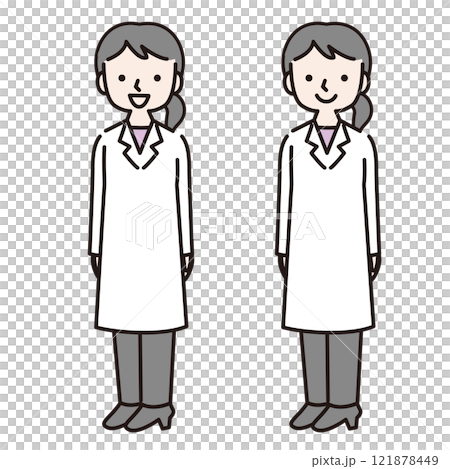 笑顔でまっすぐ立つ白衣姿の女性（全身）：イラスト素材 121878449