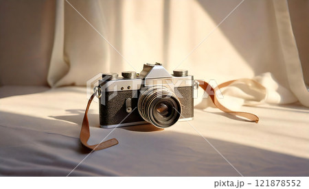 レトロカメラと温かな陽光 - 木製テーブルに置かれた写真機の静物写真 AI生成 121878552