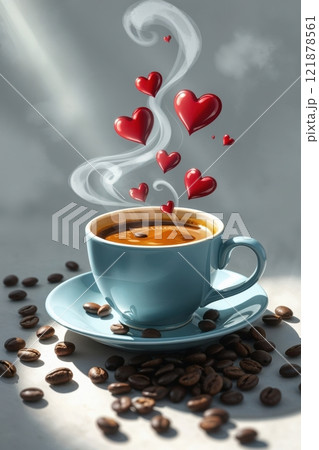 cup of coffee in a soft blue ceramic cup and 3d hearts 121878561