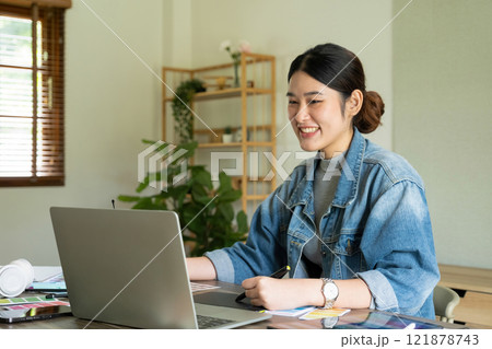 Young female architect envisions project with technology. 121878743