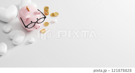 Love savings money concept design og piggy bank with heart on white background with copy space 3D render 121878828