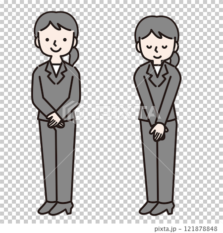 A woman in a suit bowing with her hands folded (full body): Illustration material 121878848
