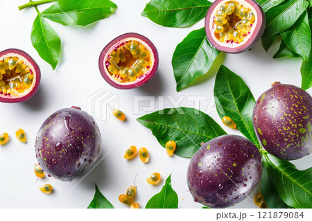 Passionfruits isolated on white background. Passionfruits isolated on white background. 121879084