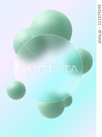 Gradient background with levitating green spheres and transparent partition, glass morphism style background. 121879249
