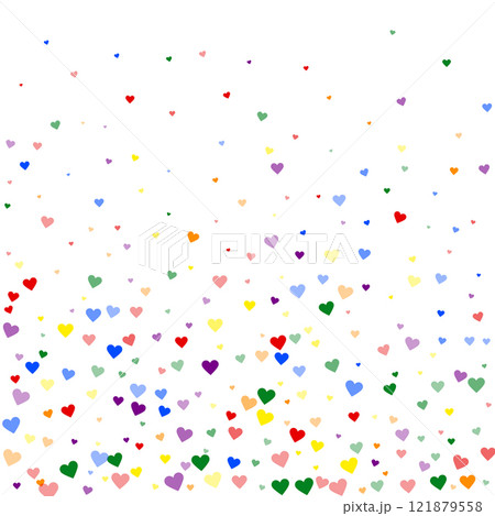 Sprinkled hearts valentine template. Rainbow colored scattered hearts. LGBT valentine card. Festive sprinkled hearts vector illustration. Sprinkled hearts valentine template. Rainbow colored scattered hearts. LGBT valentine card. Festive sprinkled hearts vector illustration. 121879558