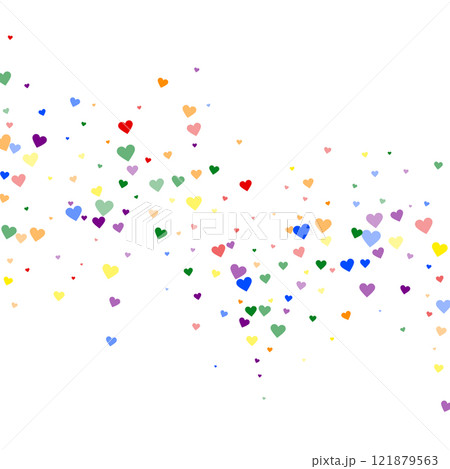 Valentine hearts, flying, falling down, floating. Rainbow colored scattered hearts. LGBT valentine card. Lovable valentine hearts vector illustration. Valentine hearts, flying, falling down, floating. Rainbow colored scattered hearts. LGBT valentine card. Lovable valentine hearts vector illustration. 121879563