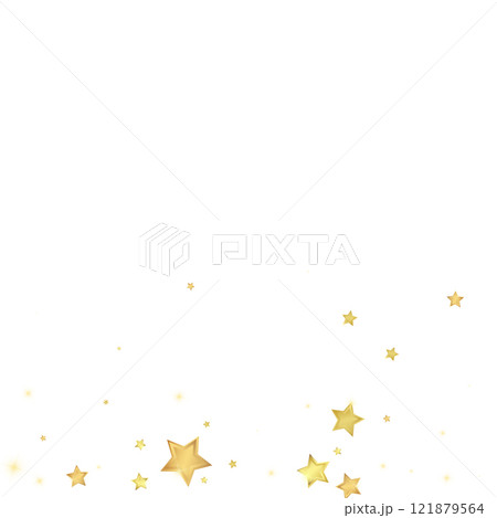 Magic stars vector overlay. Gold stars scattered around randomly, falling down, floating. Chaotic dreamy childish overlay template. Magical cartoon night sky on white background. 121879564