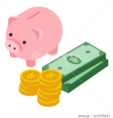 豚の貯金箱と日本円のコインと紙幣のアイソメトリックイラスト 121879855