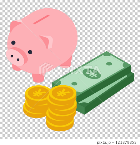 豚の貯金箱と日本円のコインと紙幣のアイソメトリックイラスト 121879855