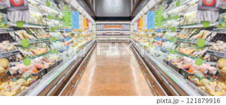 supermarket grocery store aisle and shelves blurred background 121879916