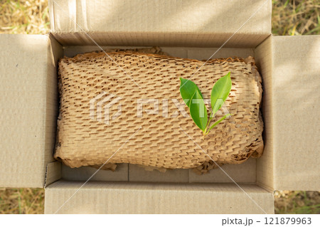 Green leaf on eco friendly brown paper honeycomb wrap for product packaging parcel carton box Green leaf on eco friendly brown paper honeycomb wrap for product packaging parcel carton box 121879963
