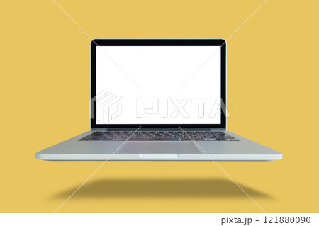 Laptop with blank screen isolated on yellow background Laptop with blank screen isolated on yellow background 121880090