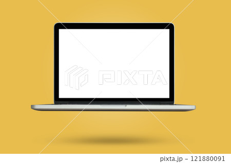 Laptop with blank screen isolated on yellow background Laptop with blank screen isolated on yellow background 121880091