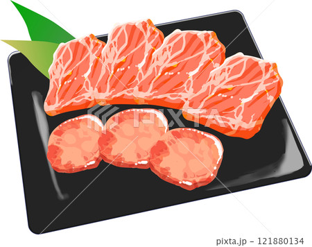 皿に並んだ牛肉イラスト_タン塩_カルビ 121880134