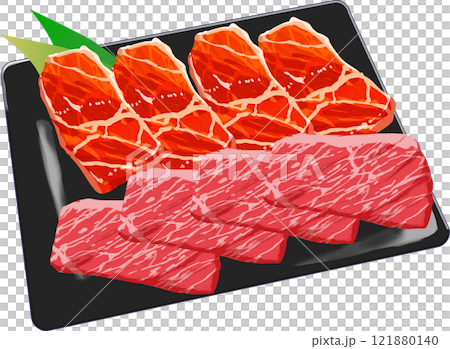 Illustration of beef lined up on a plate Illustration of beef lined up on a plate 121880140