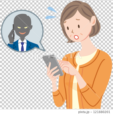Bank transfer fraud, middle-aged woman, telephone, illustration 121880201