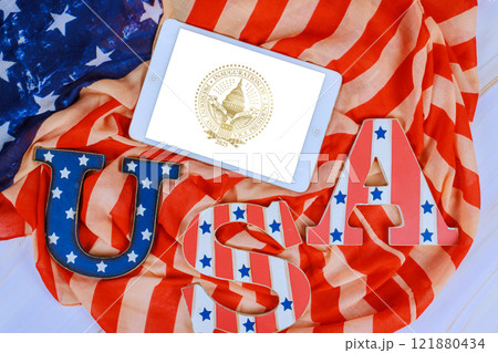 8 January 2025 Washington DC US Letters spelling USA on an American flag with Thank you for signing up to attend Official Swearing In Ceremony of President Donald J. Trump, Vice President JD Vance on 121880434