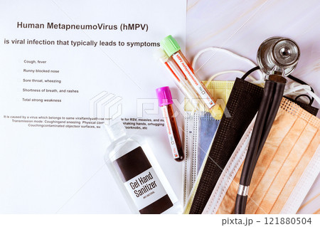 Overview of Human Metapneumovirus hMPV symptoms, prevention tips, blood test tubes displayed with medical sanitizer. Overview of Human Metapneumovirus hMPV symptoms, prevention tips, blood test tubes displayed with medical sanitizer. 121880504