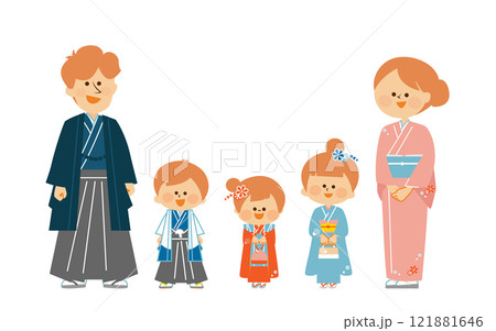 日本の七五三　日本の着物を着た家族のかわいいイラスト 121881646