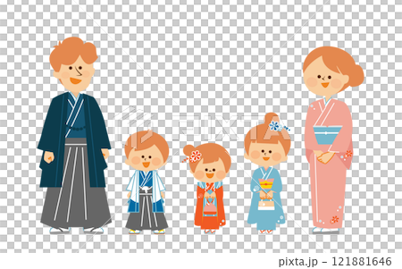 日本の七五三　日本の着物を着た家族のかわいいイラスト 121881646