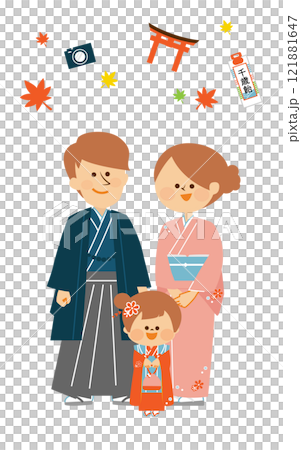 日本の七五三　日本の着物を着た家族　かわいいイラスト 121881647
