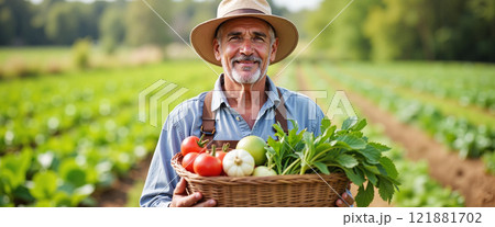 Farmer holding a basket of fresh vegetables in a green field during a sunny day 121881702