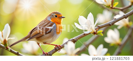 Colorful bird perched on a flowering branch in a serene garden during springtime 121881703