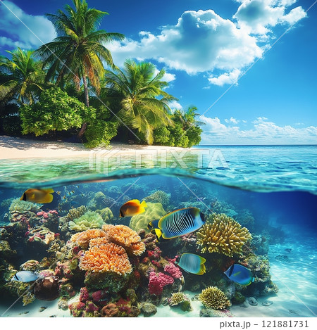 Tropical beach and coral reef fish underwater 121881731